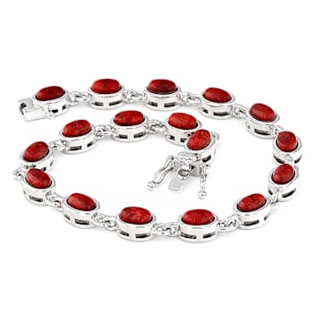 Red Coral Tennis Bracelet In Sterling Silver 6x4mm