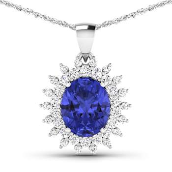 Blue Tanzanite and White Diamond 14K White Gold Halo Pendant with Cable
Chain 3.75ctw