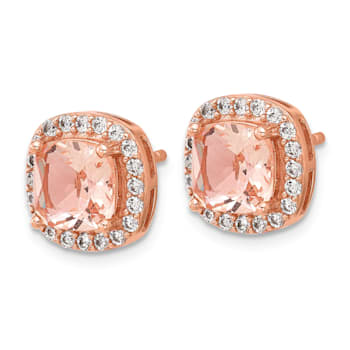 14K Rose Gold Over Sterling Silver Cubic Zirconia and Pink Glass Post Earrings