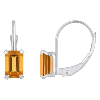 6x4mm Emerald Cut Citrine Rhodium Over 10k White Gold Drop Earrings