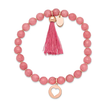 Rose Stainless Steel Polished  Heart with Tassel Pink Jade Beaded Bracelet