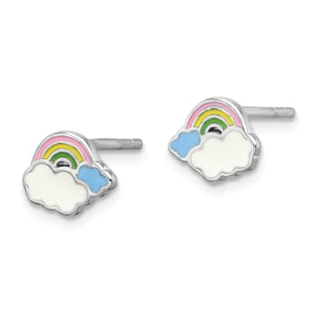 Rhodium Over Sterling Silver Enamel Rainbow Children's Post Earrings