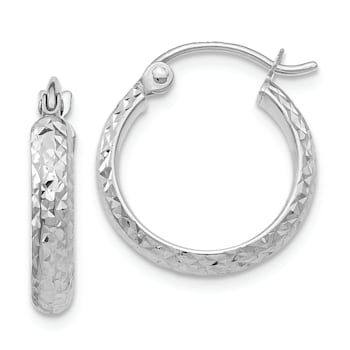Rhodium Over 14k White Gold 9/16" Diamond-Cut Hoop Earrings