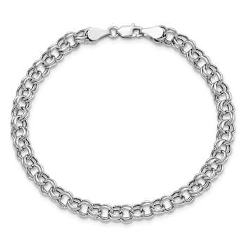 Rhodium Over 10k White Gold 5mm Diamond-Cut Double Link Charm Bracelet