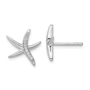 Rhodium Over Sterling Silver Cubic Zirconia Starfish Post Earrings