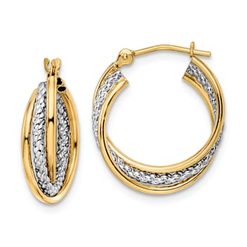 14k Two-tone Polished 3/4" Textured Hoop Earrings
