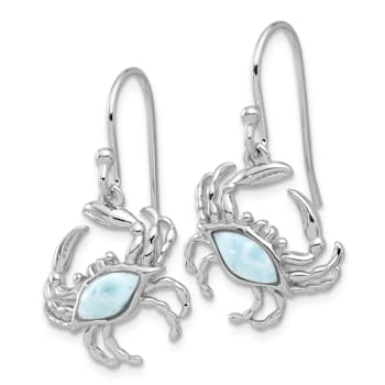Rhodium Over Sterling Silver Larimar Crab Dangle Shepherd Hook Earrings