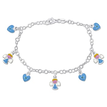 Children's Blue Enamel Heart and Angel Charm Bracelet in Sterling Silver