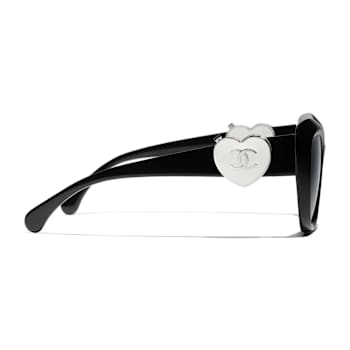 Chanel Black Cat Eye with Silver Tone Heart Detail Frame / Gray Lenses Sunglasses