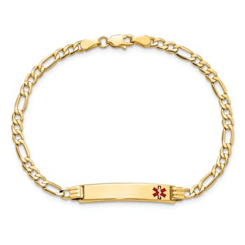10k Yellow Gold Polished Medical Red Enamel Figaro Link ID Bracelet