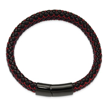 Stainless Steel Polished Black Ion Plated Black Leather and Red Fabric
8.25-inch Bracelet
