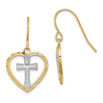 14k Two-tone Textured Cross in Heart Dangle Earrings