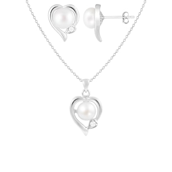 6-7mm Button White Freshwater Pearl and CZ Rhodium Over Sterling Earring
and Pendant W/Chain Set