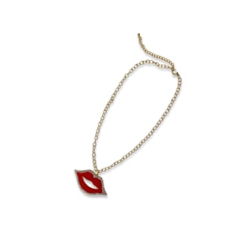 Red Lip with Crystal Pendant Necklace