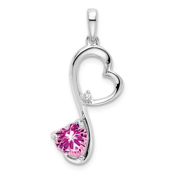 Rhodium Over 14k White Gold Lab Created Pink Sapphire and Diamond Heart Pendant