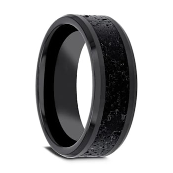 VESUVIUS Men’s Polished Black Ceramic Band with Lava Rock Stone Inlay
& Polished Beveled Edges 8mm