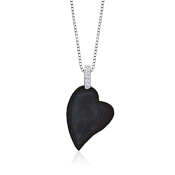 CZ And Black Mother Of Pearl Heart Pendant Necklace In Sterling Silver