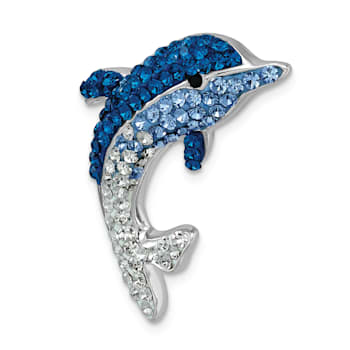 Rhodium Over Sterling Silver Large Crystal Dolphin Slide Pendant