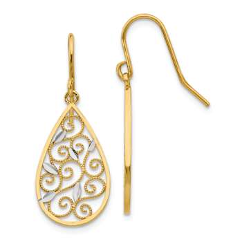 14k Two-tone Diamond-Cut Filigree Teardrop Wire Earrings