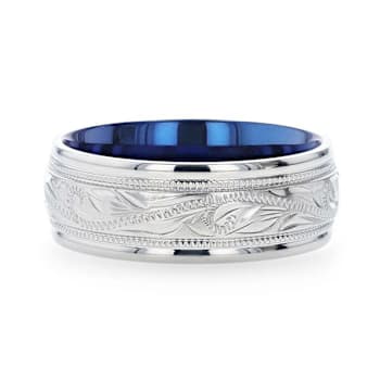 MARINER Titanium Milgrain Engraved Finish Men 's Wedding Ring with Blue
Plating Inside 8mm