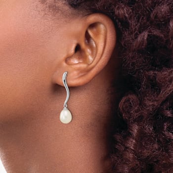 Rhodium Over Sterling Silver 7x9mm Teardrop Freshwater Cultured Pearl
Dangle Earrings