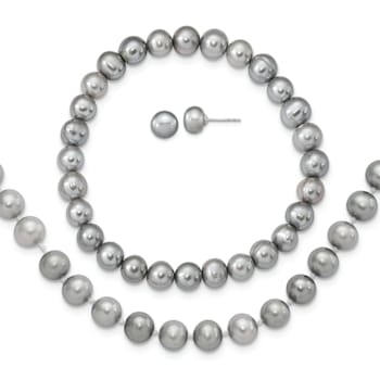 Rhodium Over Sterling Silver 7-8mm Gray Freshwater Pearl Earring
Bracelet Necklace Set