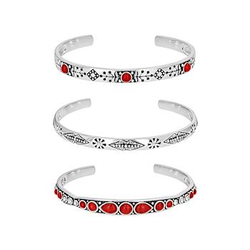 Red Coral Sterling Silver Cuff Bracelet Set Of 3