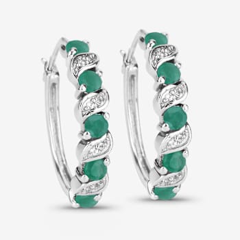 Green Emerald and White Topaz Sterling Silver Hoop Earrings