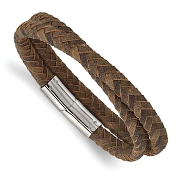 Brown Leather and Stainless Steel Polished 14.75-inch Wrap Bracelet