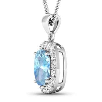 3.0ctw 14K White Gold Cushion Aquamarine and White Diamond Pendant with
18 inch Cable Chain
