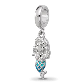 Sterling Silver Rhodium-plated Enamel Mermaid Dangle Bead