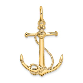 14k Yellow Gold 3D Textured Anchor with Long T Bar and Shackle Bail Pendant