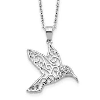 Rhodium Over Sterling Silver Cubic Zirconia Hummingbird Necklace