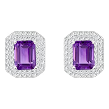 8x6mm Emerald Cut Amethyst And White Topaz Accent Rhodium Over Sterling
Silver Double Halo Earrings