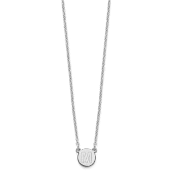 Rhodium Over Sterling Silver Tiny Circle Block Letter M Initial Necklace
