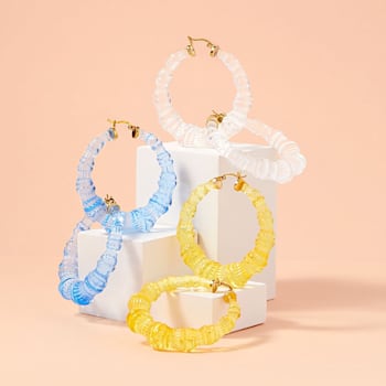 14K Yellow Gold Over Sterling Silver Bamboo Acrylic Hoops in Clear