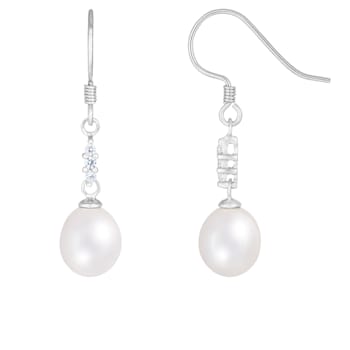 White Cultured Freshwater Pearl and Cubic Zirconia Rhodium Over Sterling
Silver 7-8mm Drop Earrings