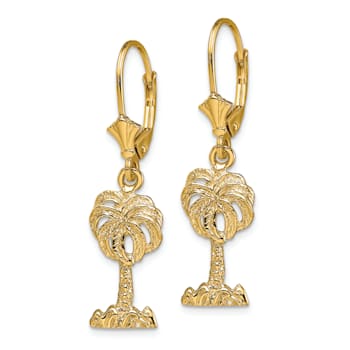 14K Yellow Gold Textured Palm Tree Dangle Earrings