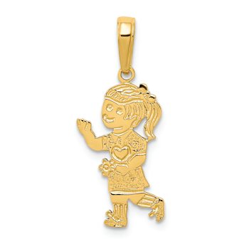 14k Yellow Gold Satin and Textured Little Girl Walking with Flowers Pendant