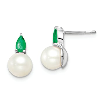 Rhodium Over 14K White Gold Freshwater Cultured Pearl and Emerald Post Earrings