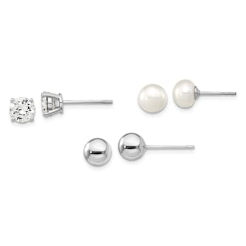 Rhodium Over Sterling Silver Ball/ 6-7mm Button Freshwater Cultured
Pearl/CZ Stud Ear Set