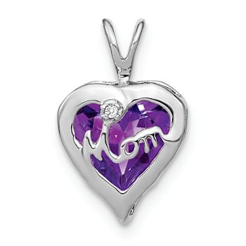 Rhodium Over 14k White Gold Amethyst and Diamond MOM Heart Pendant