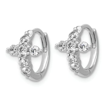 Rhodium Over Sterling Silver Polished Cubic Zirconia Cross Hinged Round
Hoop Earrings