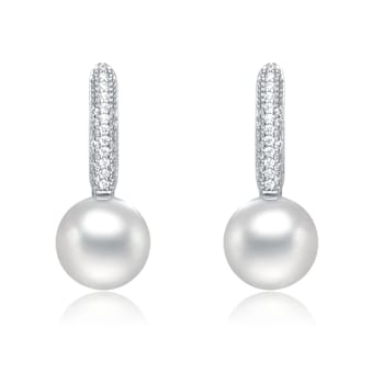 Pear Shape CZ And Pearl Simulant Drop Earrings In Sterling Silver