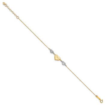 14k Two-tone Gold Puffed Mom Heart and Diamond-Cut Hearts Bracelet