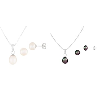 Black & White Cultured Freshwater Pearl Rhodium Over Sterling Silver
Pendant & Earring Set of 2