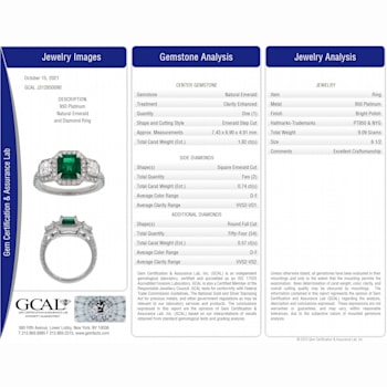 Green Emerald and White Diamond Platinum Ring. 3.13 CTW