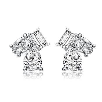 CZ Three-Stone Cluster Stud Earrings In Sterling Silver