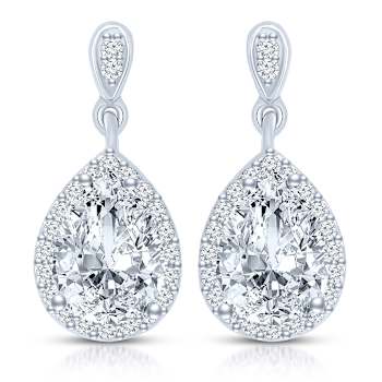 Pear Shape CZ Halo Drop Earrings In Sterling Silver