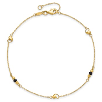 14K Gold Polished/Diamond-cut Heart Lab Created Onyx Beads 9-inch Plus
1-inch Extension Anklet